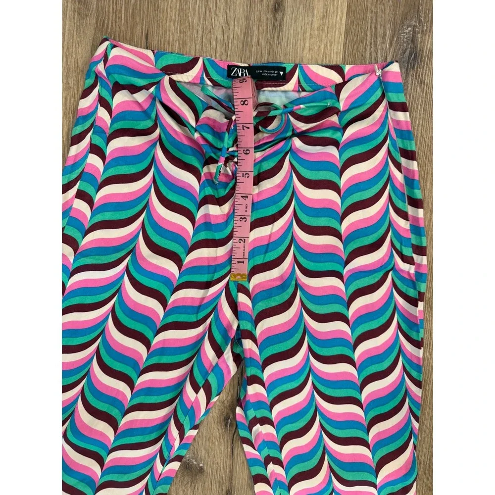 Zara Flare Pants Womens Medium Multicolor Psychedelic‎ Wavy Print Lace Up Retro